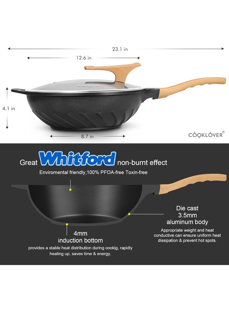 COOKLOVER Nonstick Woks And Stir Fry Pans Die-cast Aluminum Scratch Resistant 100% PFOA Free Induction Wok pan with Lid 12.6 Inch - BK - Image 2